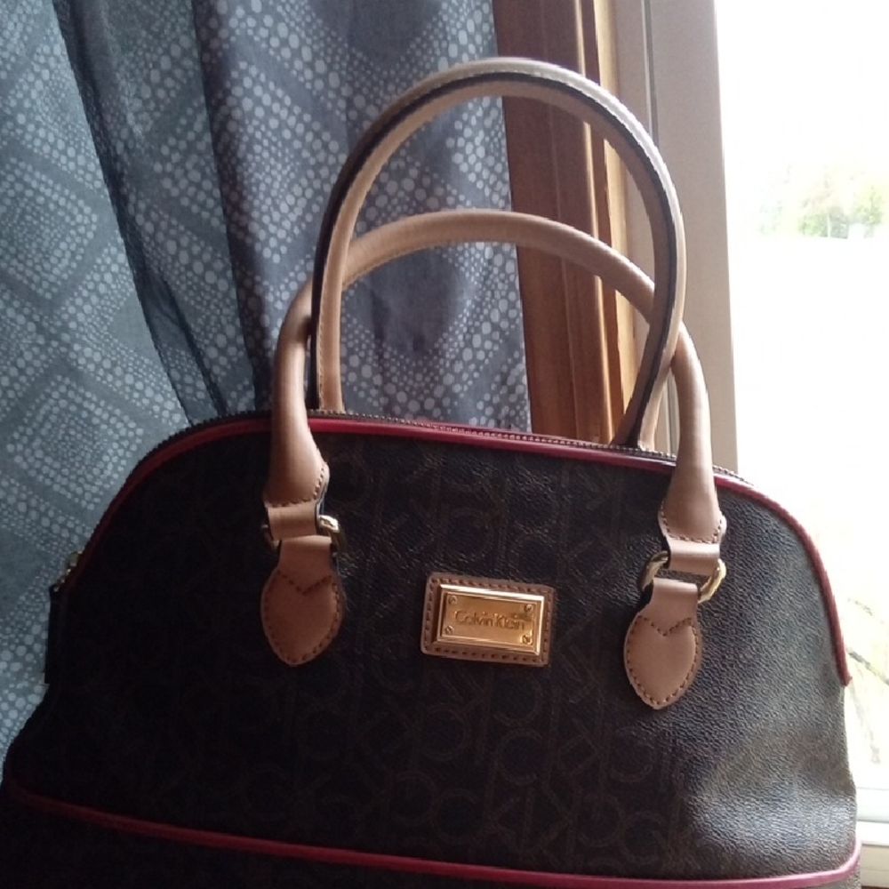 Calvin Klein Black and Brown Satchel with Red Accents